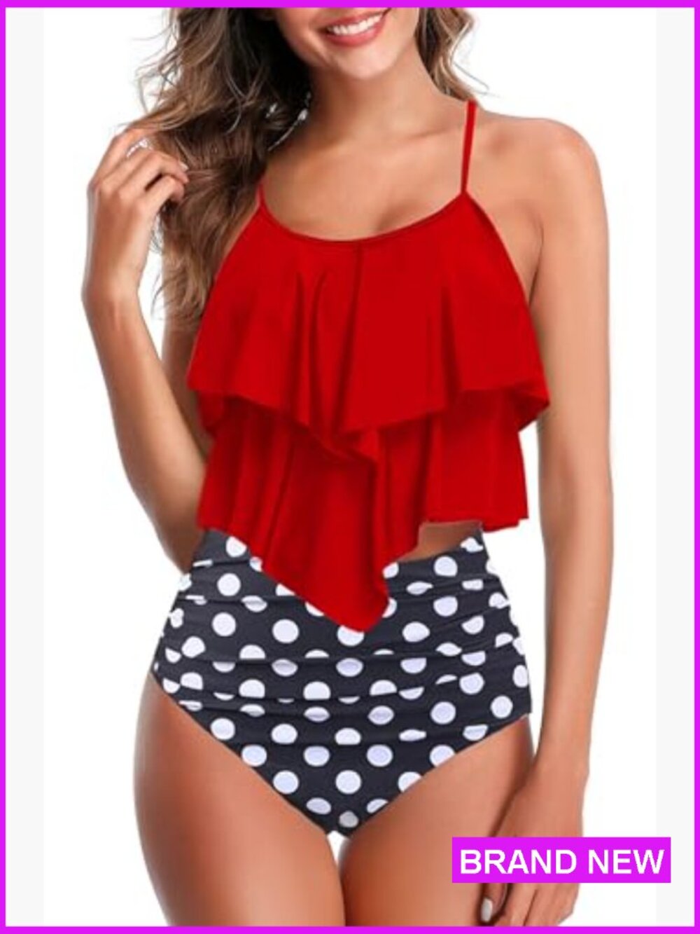 Flounce Tankini High Waisted Tummy Control Halter Neck Swim Set Sleeveless - Picture 6 of 7